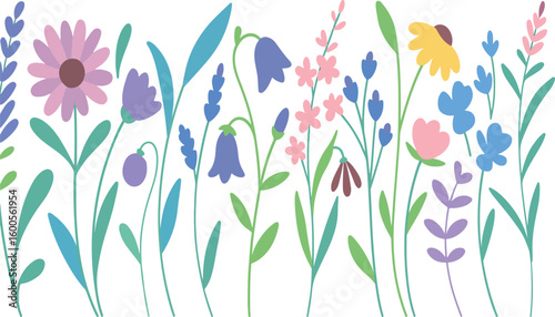 Vibrant Floral Border with Diverse Wildflower Varieties. Vector