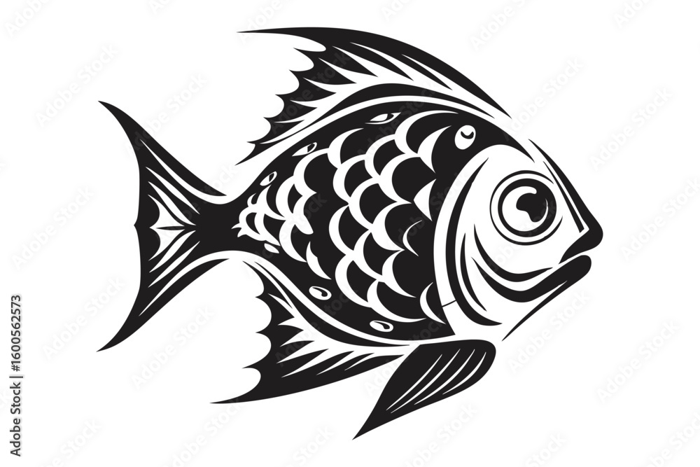 Fototapeta premium Ornate stylized monochrome fish showcases intricate scale and fin details in black and white