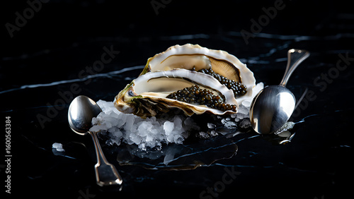Two oysters filled with black caviar on ice with silver spoons seafood luxury