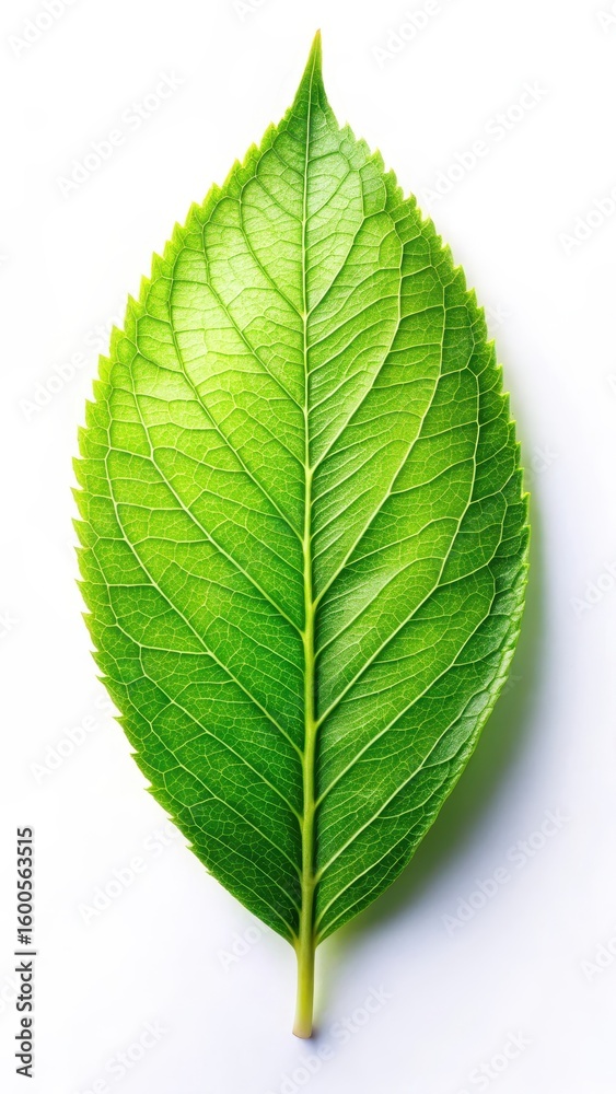 Obraz premium Fresh green leaf isolated on white background with soft natural light effects and subtle texture
