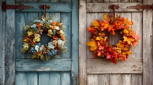 autumn leaves on wooden door