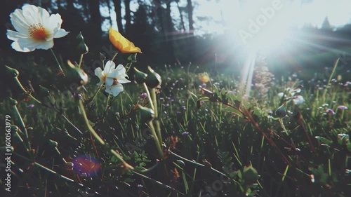 Sunlit meadow flowers basking in serene nature landscape