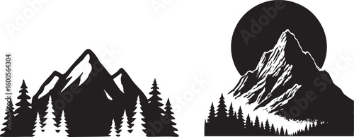Black and white mountain silhouettes with trees and sun for nature inspired design