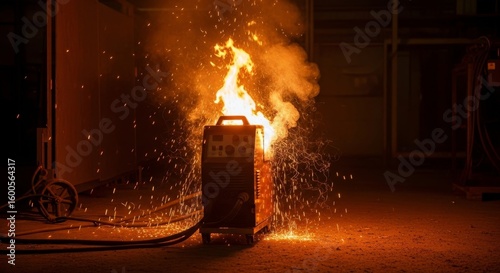 Industrial Welding Machine Fire Hazard - A welding machine engulfed in flames, sparks flying, illustrating a workplace safety hazard