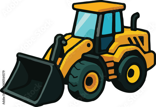 Cartoon illustration of a yellow front end loader construction equipment for design purposes