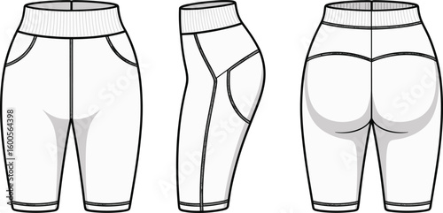 Cad drawing flat vector illustration of women’s high waist biker shorts, stretchy fitness shorts, casual summer shorts, activewear apparel design, seamless sportswear pattern, trendy gym outfit 