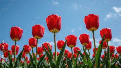Red Tulips in Bloom under Clear Blue Sky with Light Clouds and Green Foliage in Outdoor Field Landscape Setting