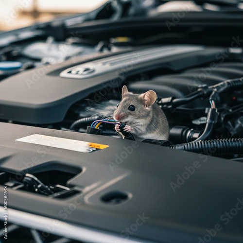 Small grey mouse chewing on wires in a modern vehicle engine bay