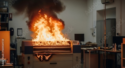 Office Equipment Fire Hazard - A large fire engulfs an office machine, billowing smoke and flames. Safety hazard and potential for damage