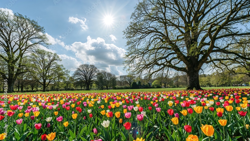 Fototapeta premium Vibrant green scenery adorned with spring flowers
