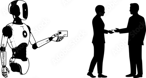 set of vector silhouette AI Agent Robot Handing Business Card to Human Representing Collaboration, Automation, and Human-AI Partnership in Futuristic Interaction. on white background