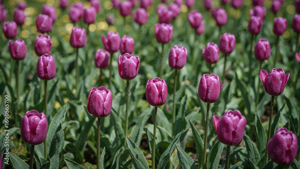 Lush field of purple tulips blossoming in springtime garden Lush field of purple tulips blossoming in springtime garden