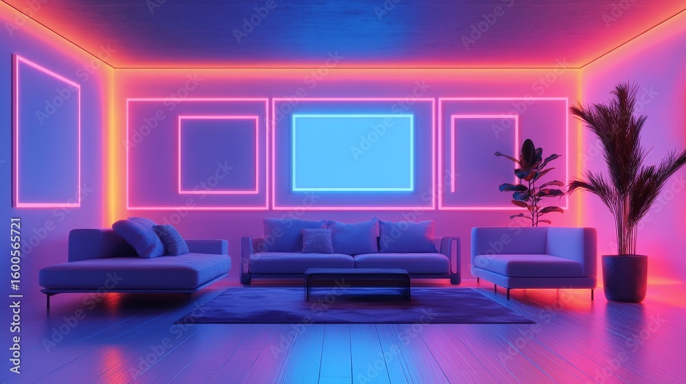 Modern living room with neon lighting urban apartment interior design stylish environment contemporary viewpoint Modern living room with neon lighting urban apartment interior design stylish environment contemporary viewpoint