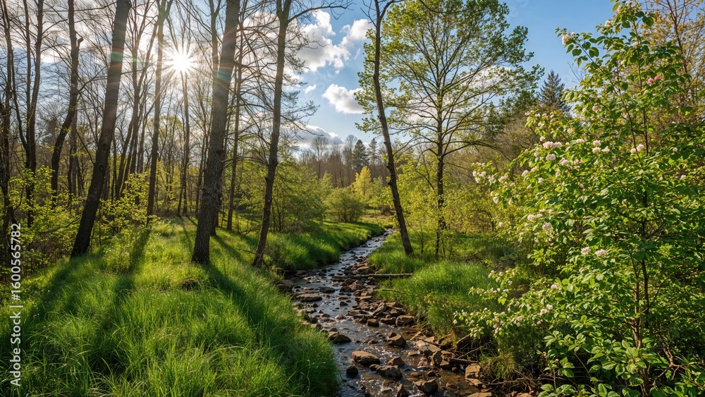 Fototapeta premium Spring landscape showcasing a flowing stream in the woods