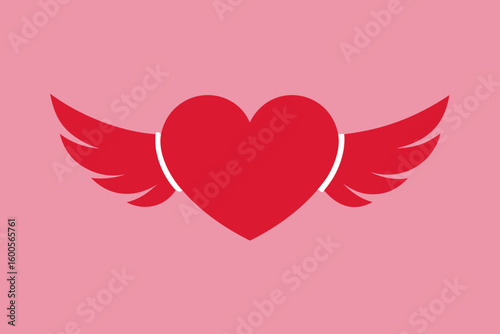 Red heart with wings on pink background symbolizing love and affection