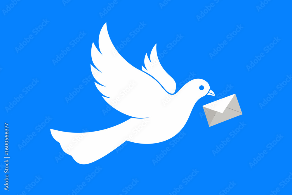Obraz premium White dove delivering mail against a vibrant blue background for communication concepts