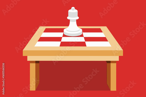 White chess queen piece standing on a chessboard table in red background