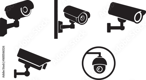 Vector set of security surveillance camera illustrations showing different styles and mounts