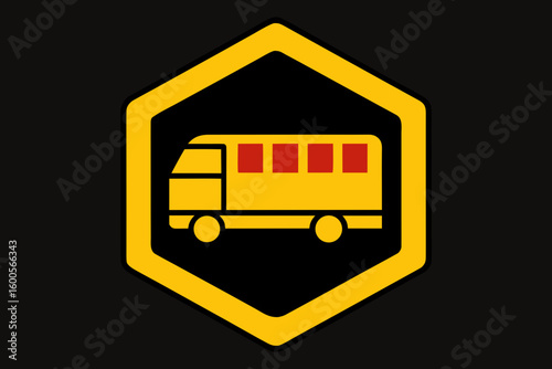 Yellow school bus illustration inside a geometric shape on a dark background