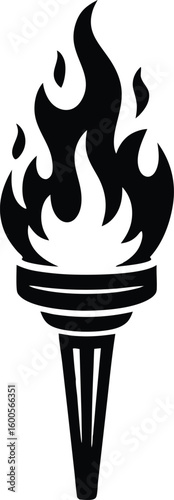 Black stylized torch icon; burning flame; powerful, motivational symbol; vector graphic; simple design.