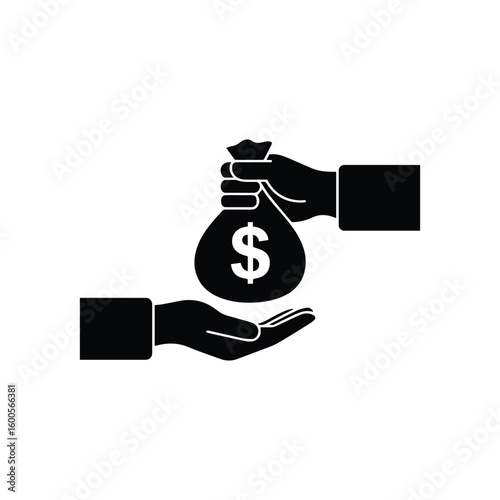 Money Transfer Icon with Dollar Bag in Hand Silhouette