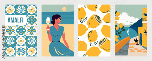 Sunny Italy Poster  set with lemons, coastal architecture, a stylish girl with a drink, and classic Mediterranean tile patterns. Perfect for summer-themed designs, retro travel concepts, vacation deco