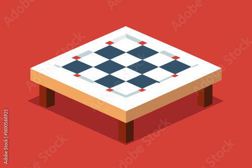 Isometric view of a table with a checkered pattern on a red background