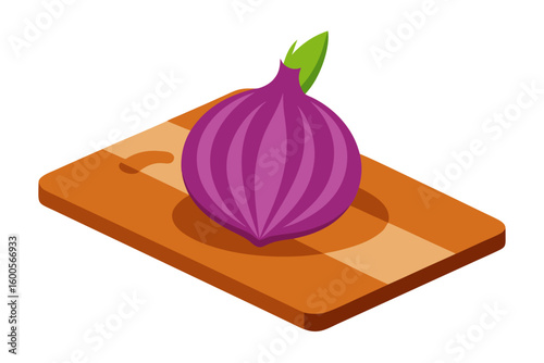 Isometric view of a purple onion on a wooden cutting board for food preparation