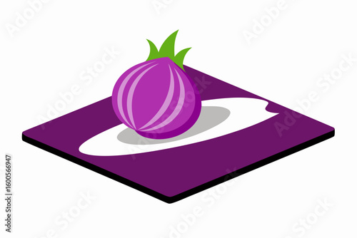 Isometric illustration of a red onion on a purple plate and background