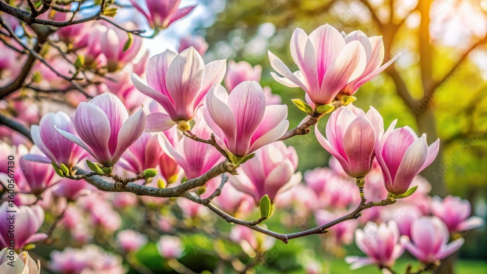 Obraz premium Large cluster of magnolia flowers blooming on a branch in the spring