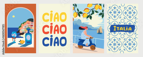 Vector poster set with Amalfi Coast,  lemons, coastal architecture, girl on scooter, and traditional Italian tiles. Perfect for summer decor, travel-themed designs, and Mediterranean-inspired visuals.