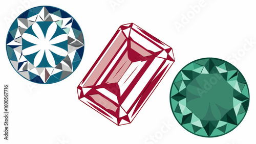 Gemstone jewelry collection featuring round cut diamond emerald and ruby precious stone vector illustration