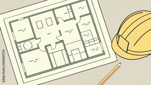 Architectural house plan blueprint design and construction safety helmet for building project planning work