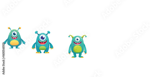 Vector cartoon cute monster set. Funny fantastic creatures with angry happy surprised emotions. Spooky alien colorful characters with horn spots. Comic cheerful beasts collection isolated illustration