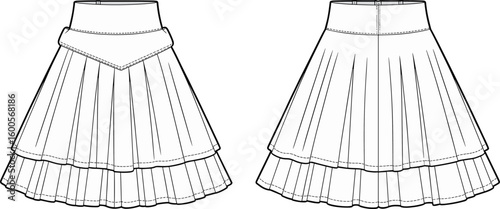 CAD Drawing Flat Vector Illustration, Pleated Layered Skirt Design, Front and Back Technical Fashion Sketch, Flared High Waist Skirt Template