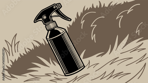 Spray bottle illustration for gardening, cleaning, and household use, black and white design art