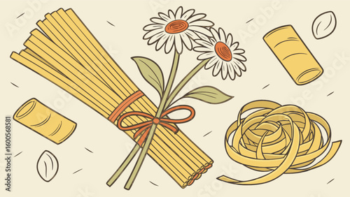 Delicious italian pasta varieties with chamomile flowers and ribbon culinary illustration