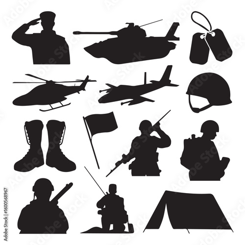 Vector art of a collection of black silhouette icons representing military themes, including soldiers, vehicles, equipment, and combat scenarios Vector Art