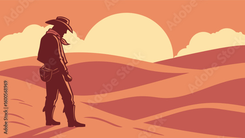 Lone cowboy walking through desert at sunset illustration vector art silhouette western landscape background