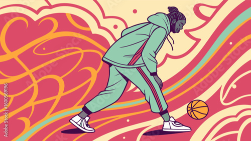 Basketball player dribbling ball vector art illustration sport athletic training exercise workout dribble skill 100