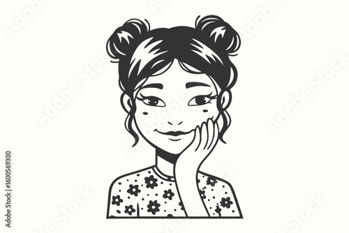 Young Asian woman rests chin on hand wearing floral shirt illustration