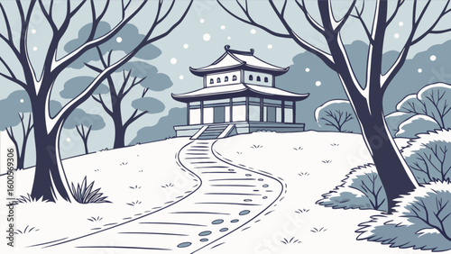Winter landscape illustration of a japanese temple in a snowy environment with trees art drawing