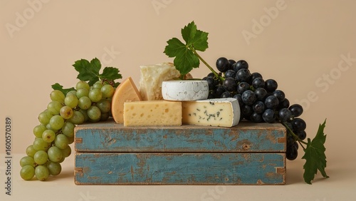 Wooden box showcasing cheese alongside fresh grapes