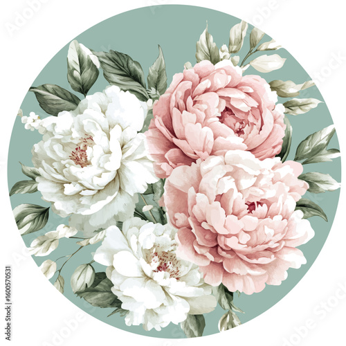 My Watercolor hand-painted Greenery pink and white peony rose flowers vector design painting illustration isolated on a white background, vector illustration, AI painting design, EPS format design