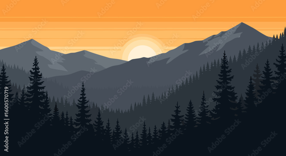 Fototapeta premium Forested Mountain Landscape at Sunset with Silhouetted Evergreen Trees.