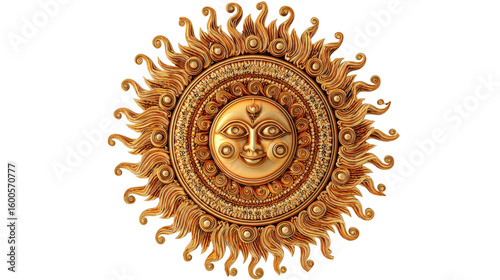 A detailed golden sun face with radiating rays isolated on a transparent background