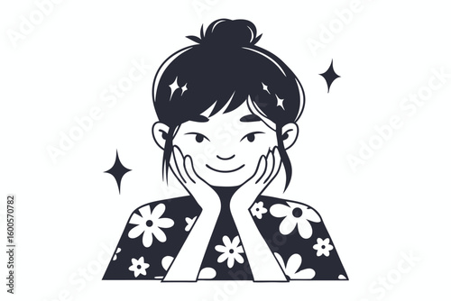 Smiling Asian woman gently touches face with hands wearing a floral shirt happily