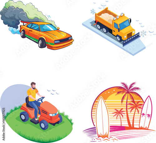 Vector art of an orange sports car emits a large cloud of dark smoke from its exhaust pipe symbolizing pollution and environmental concerns