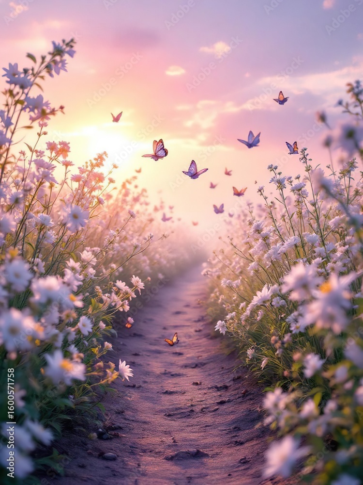Obraz premium A path through flowers with butterflies flying in the sky during a colorful sunset scene outdoors