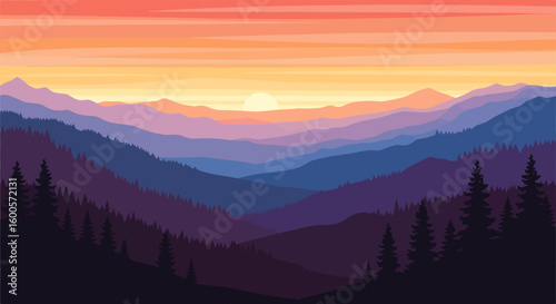 Layered Mountain Range Silhouette with Rising Sun and Gradient Sky.